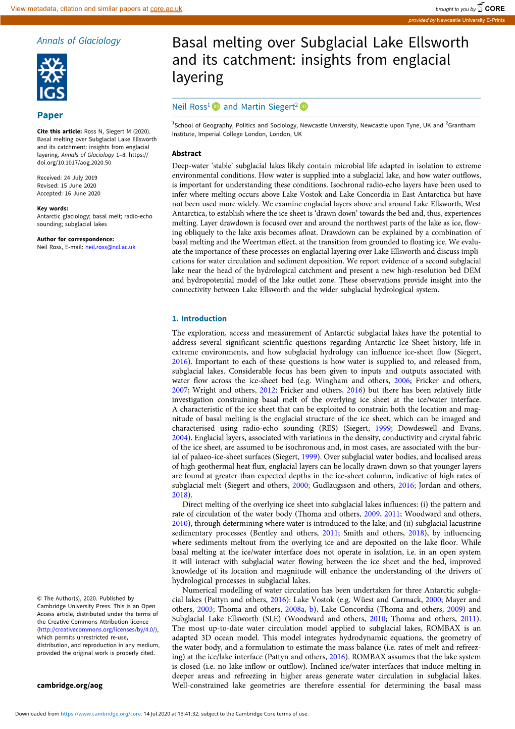 Basal Melting Over Subglacial Lake Ellsworth and Its Catchment: Insights from Englacial Layering