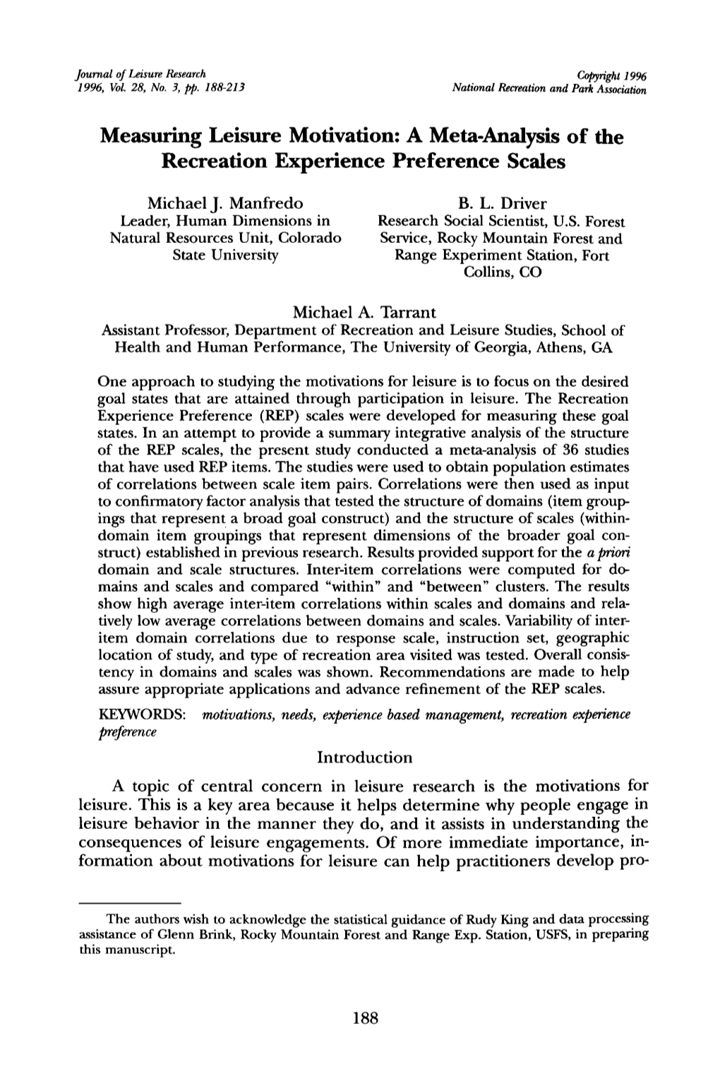 A Meta-Analysis of the Recreation Experience Preference Scales