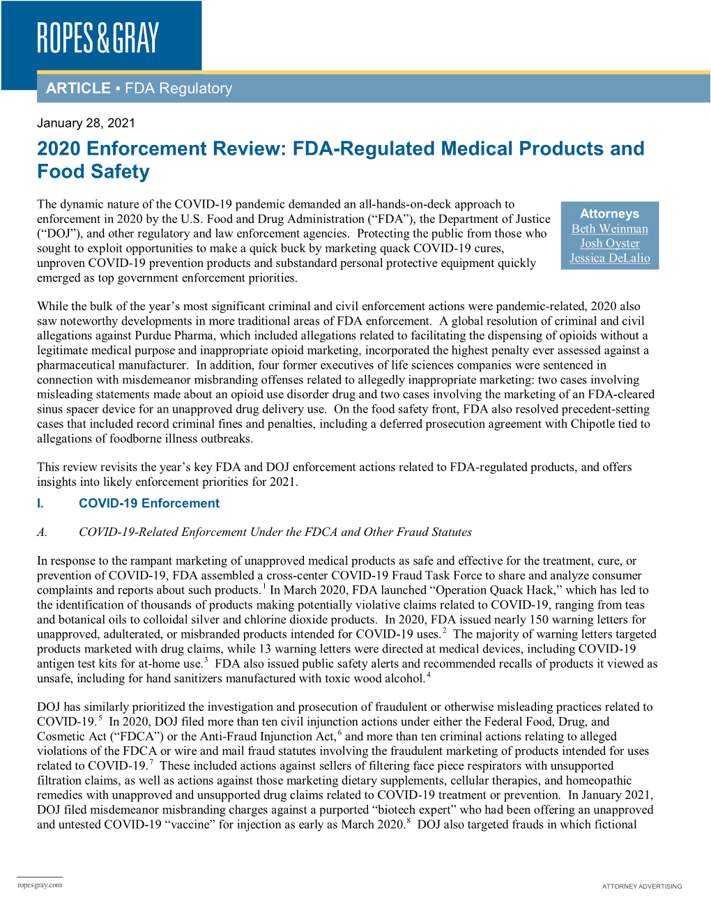 2020 Enforcement Review: FDA-Regulated Medical Products and Food Safety