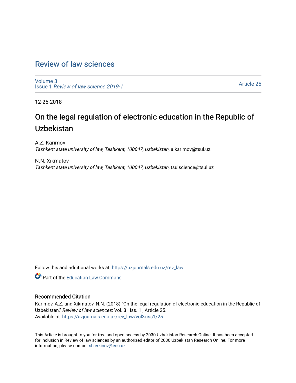 On the Legal Regulation of Electronic Education in the Republic of Uzbekistan