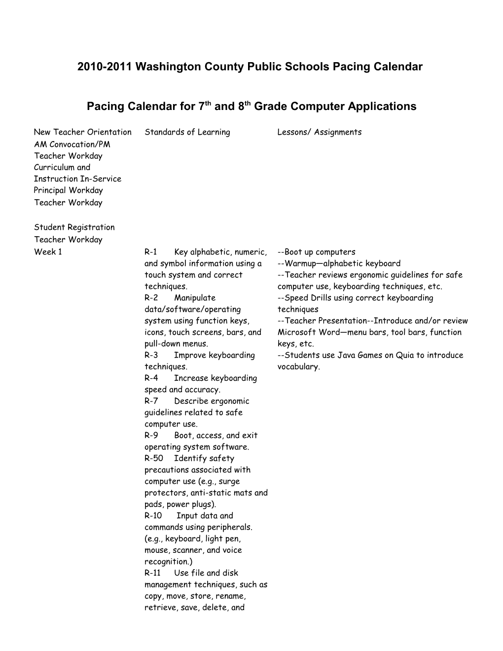 2006-2007 Washington County Public Schools Pacing Calendar