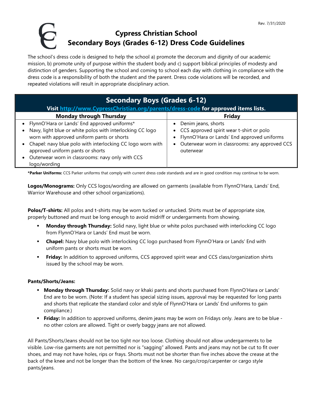 2020-2021 Dress Code Guidelines Secondary Boys 2 Page