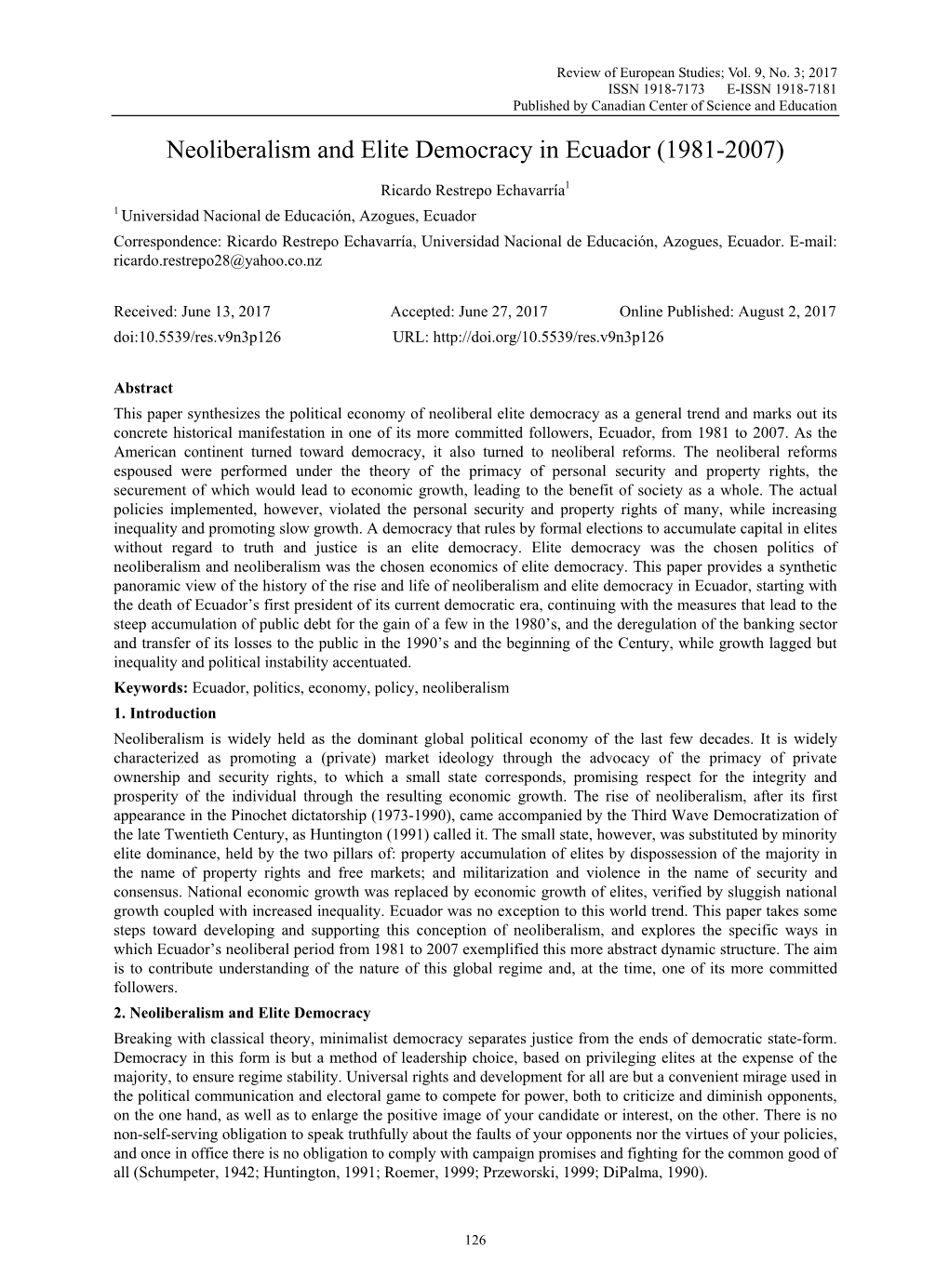 Neoliberalism and Elite Democracy in Ecuador (1981-2007)