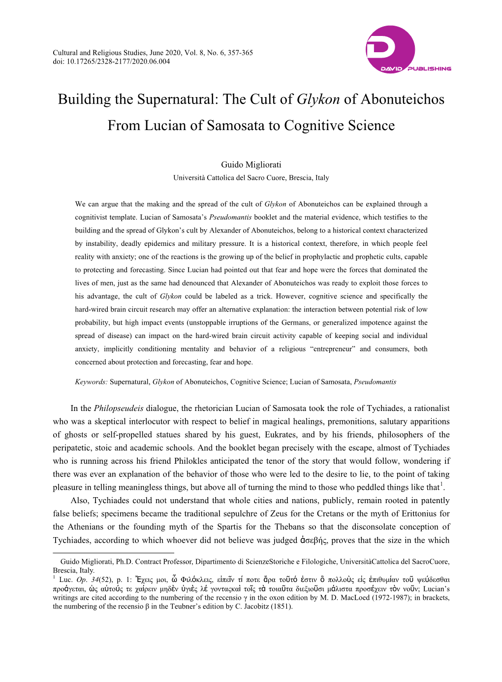 The Cult of Glykon of Abonuteichos from Lucian of Samosata to Cognitive Science