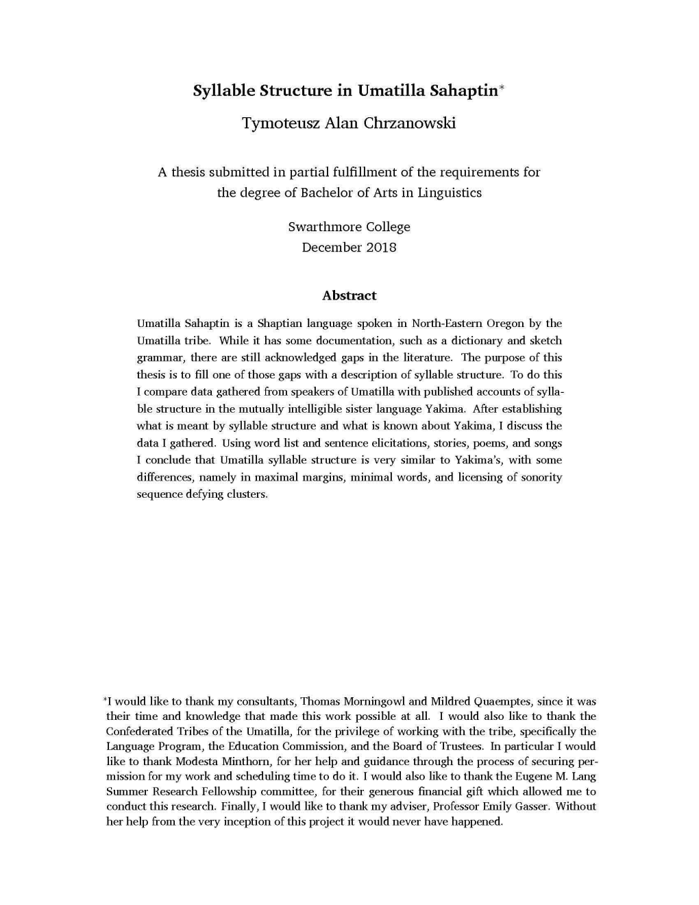 Syllable Structure in Umatilla Sahaptin* Tymoteusz Alan Chrzanowski