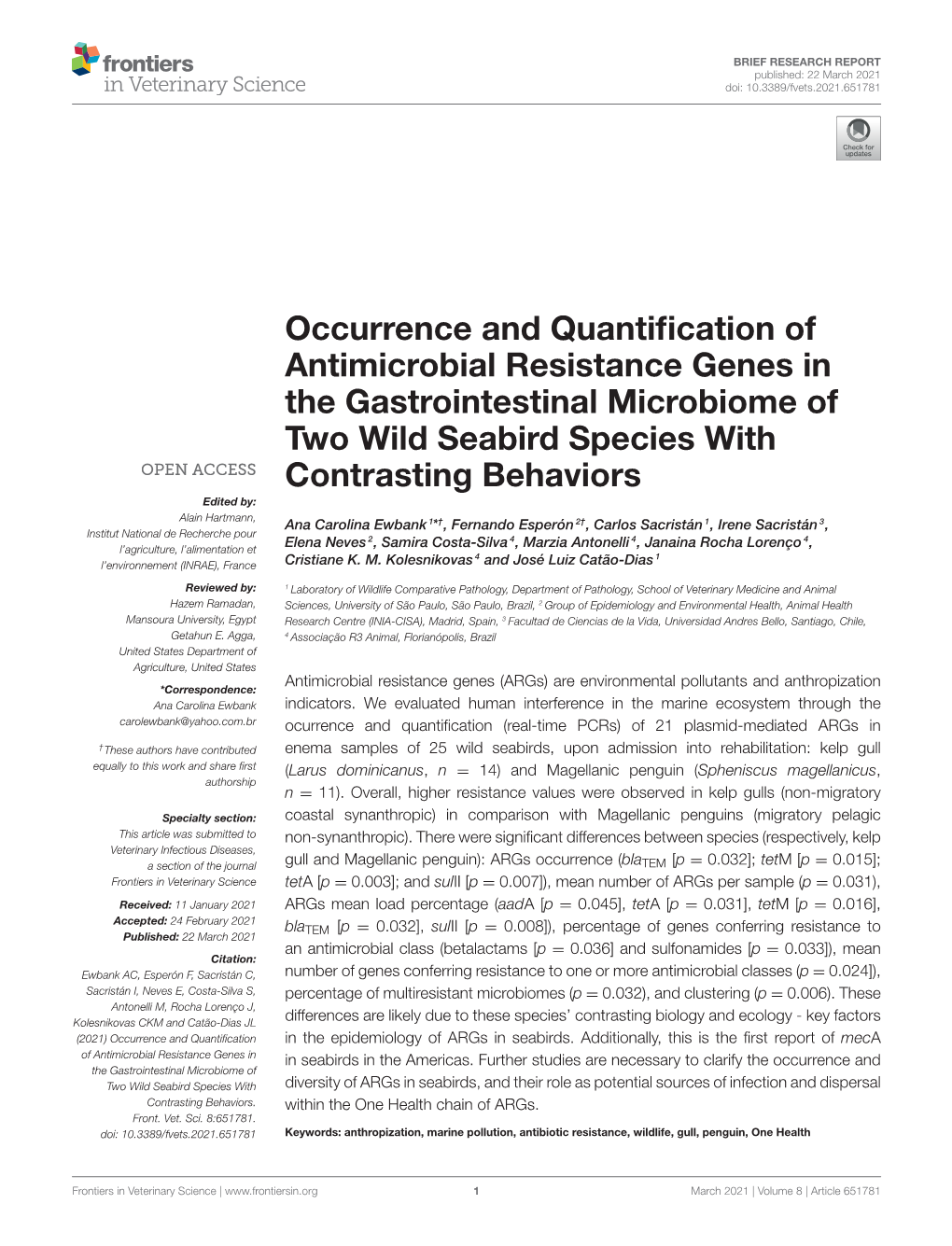 Occurrence and Quantification of Antimicrobial Resistance Genes In