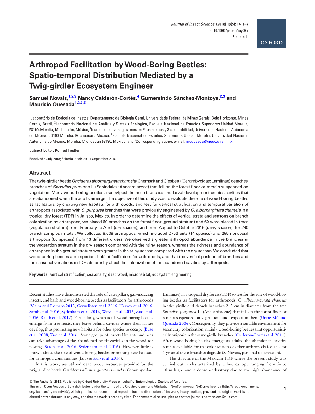 Arthropod Facilitation by Wood-Boring Beetles: Spatio-Temporal Distribution Mediated by a Twig-Girdler Ecosystem Engineer