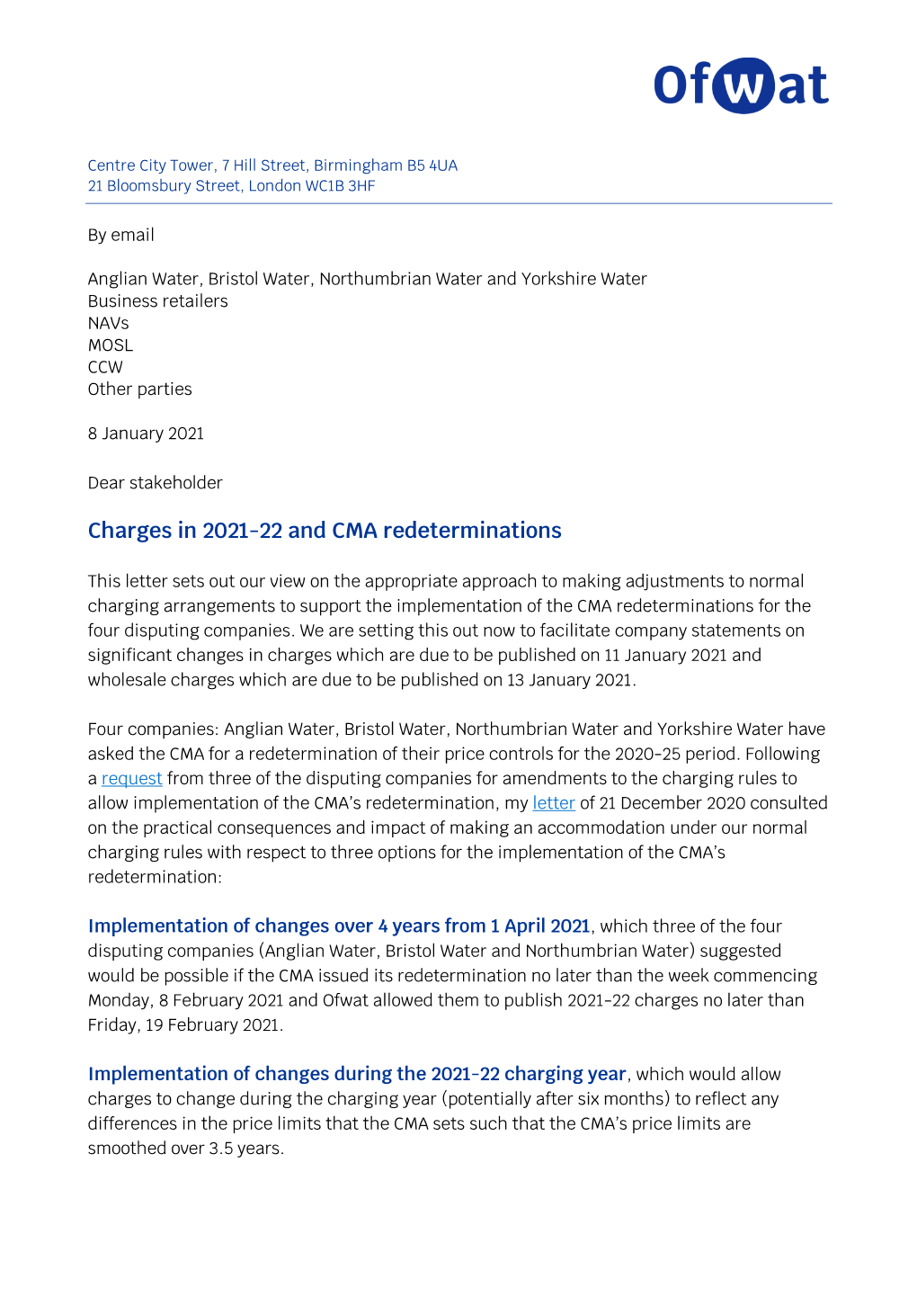 Charges in 2021-22 and CMA Redeterminations