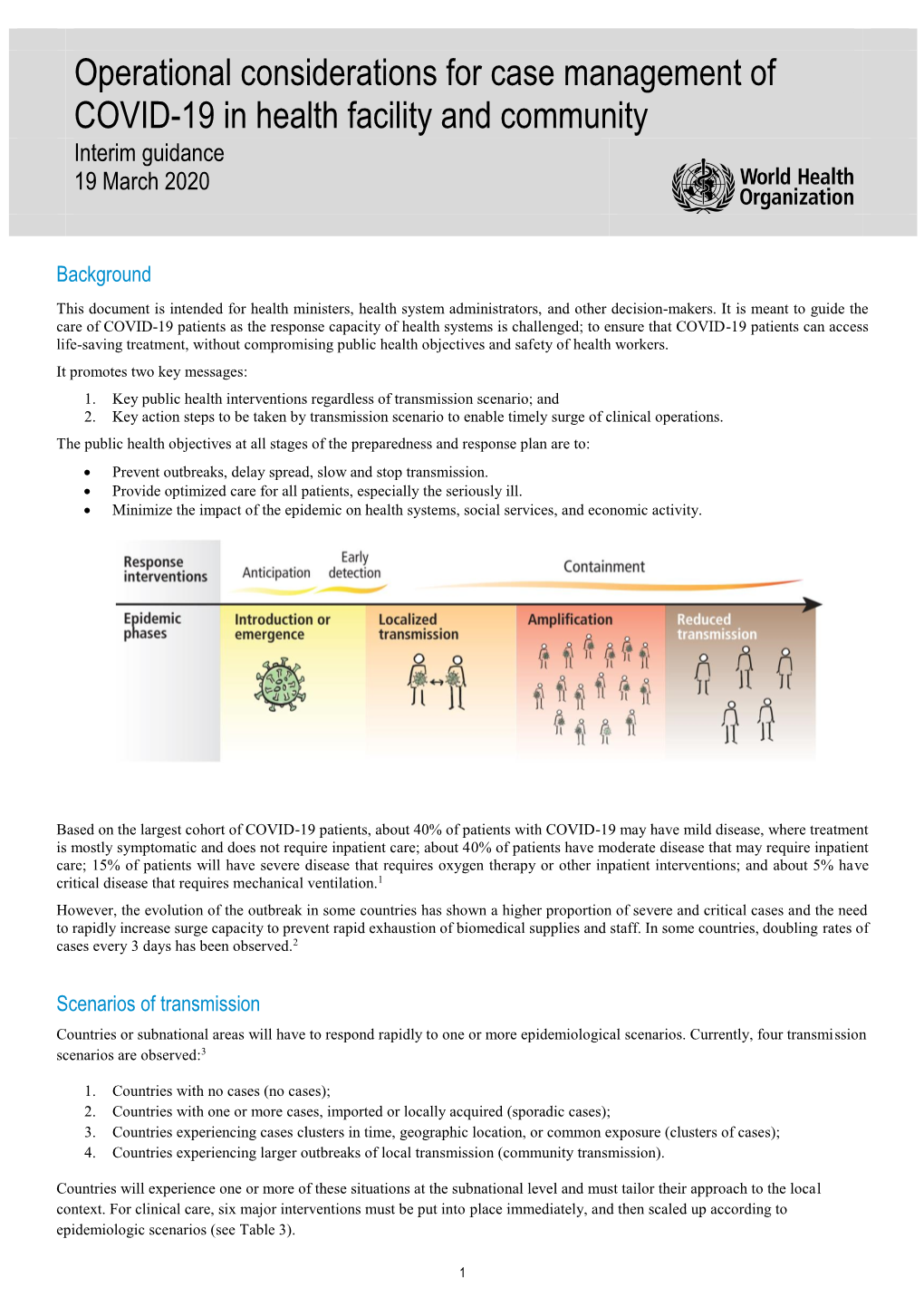 Operational Considerations for Case Management of COVID-19 in Health Facility and Community Interim Guidance 19 March 2020