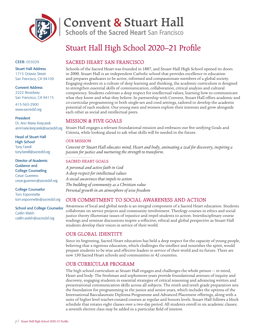 Stuart Hall High School 2020–21 Profile