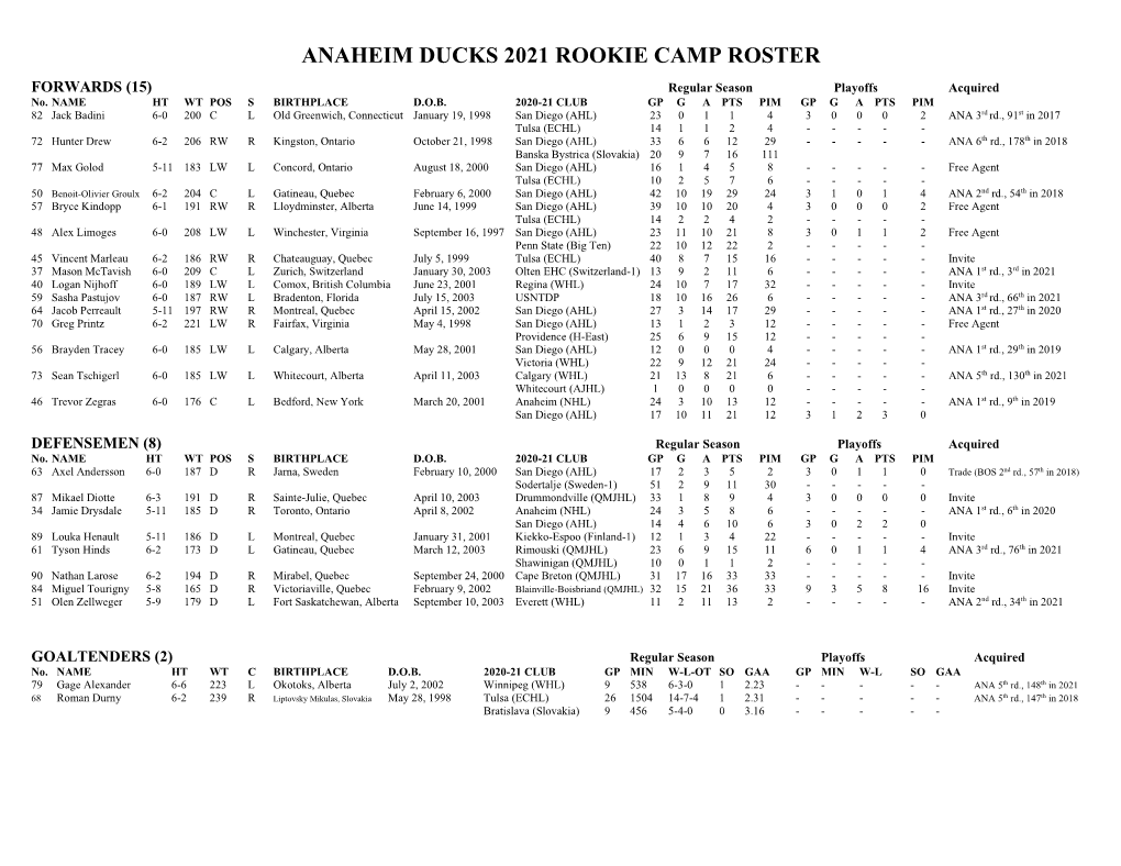 Anaheim Ducks 2021 Rookie Camp Roster