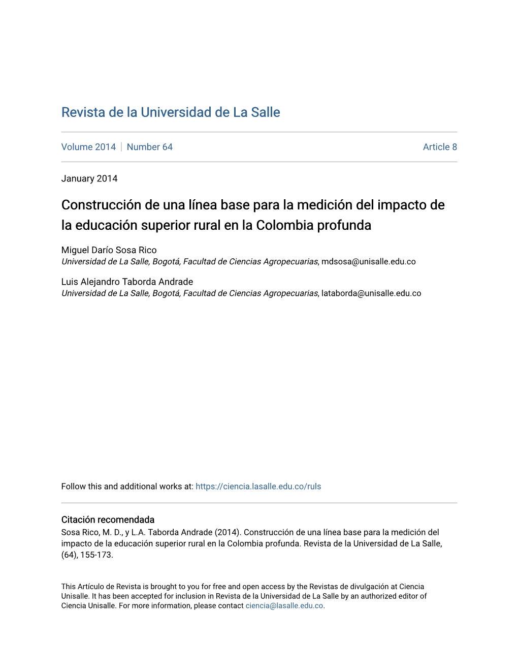 Construcción De Una Línea Base Para La Medición Del Impacto De La Educación Superior Rural En La Colombia Profunda