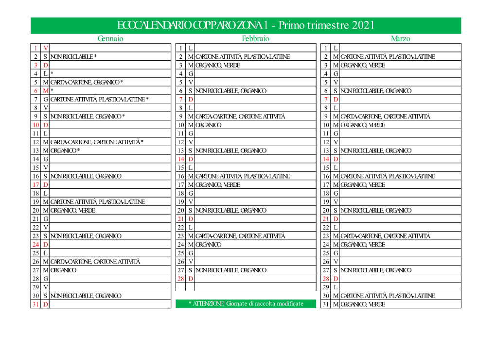 Ecocalendario Copparo Zona 1