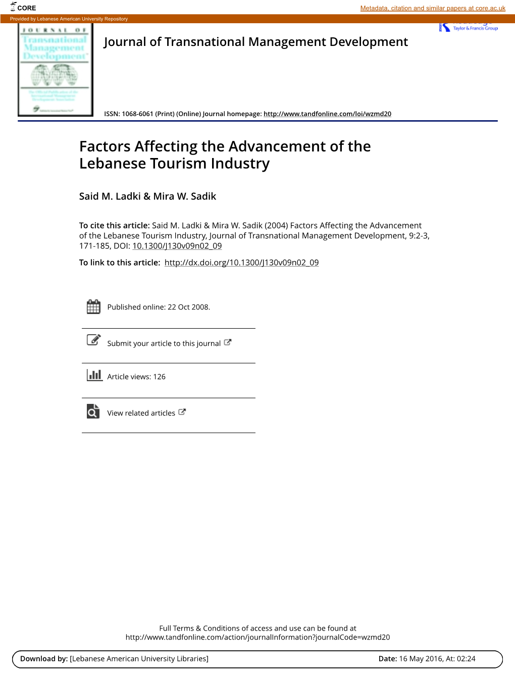 Factors Affecting the Advancement of the Lebanese Tourism Industry