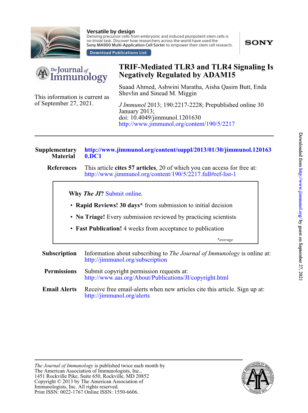 Negatively Regulated by ADAM15 TRIF-Mediated TLR3 and TLR4