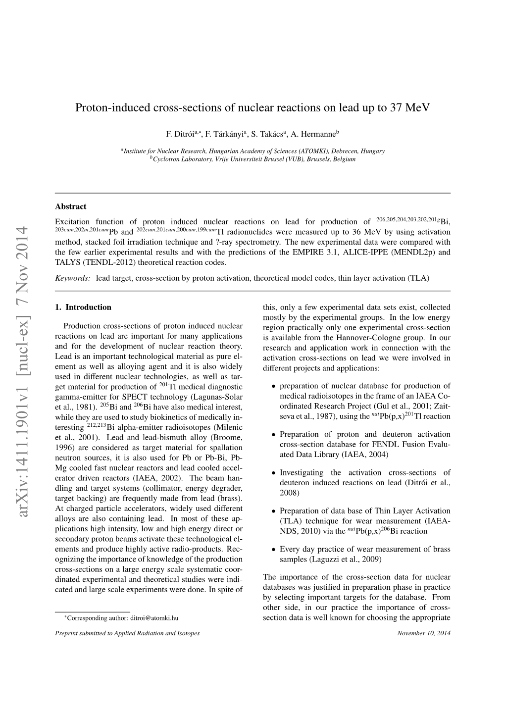 Proton-Induced Cross-Sections of Nuclear Reactions on Lead up to 37 Mev