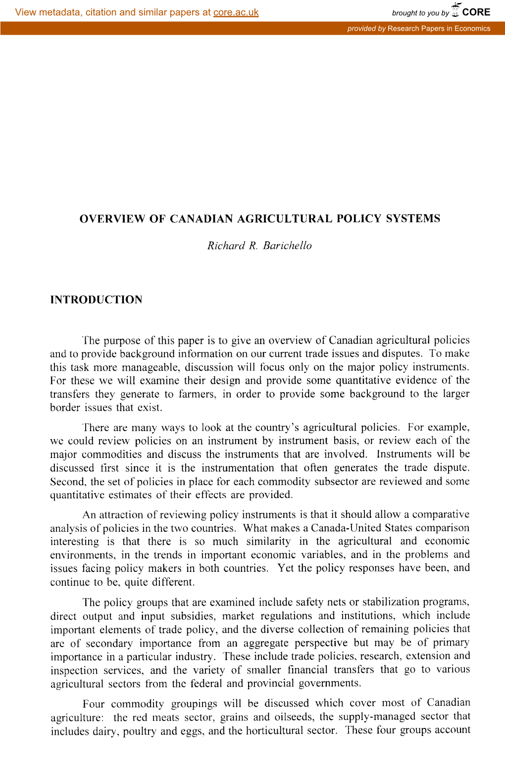 Overview of Canadian Agricultural Policy Systems