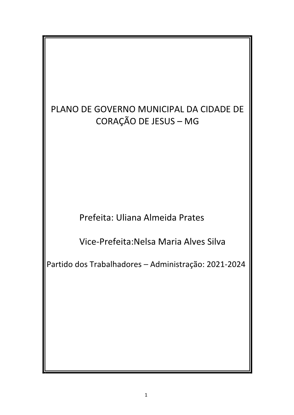 Plano De Governo Municipal Da Cidade De Coração De Jesus – Mg