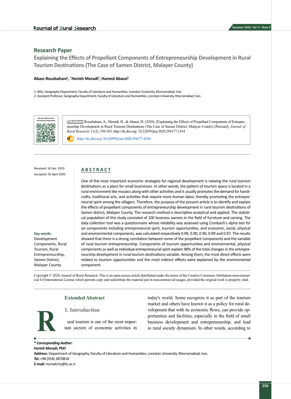 Explaining the Effects of Propellant Components of Entrepreneurship Development in Rural Tourism Destinations (The Case of Samen District, Malayer County)