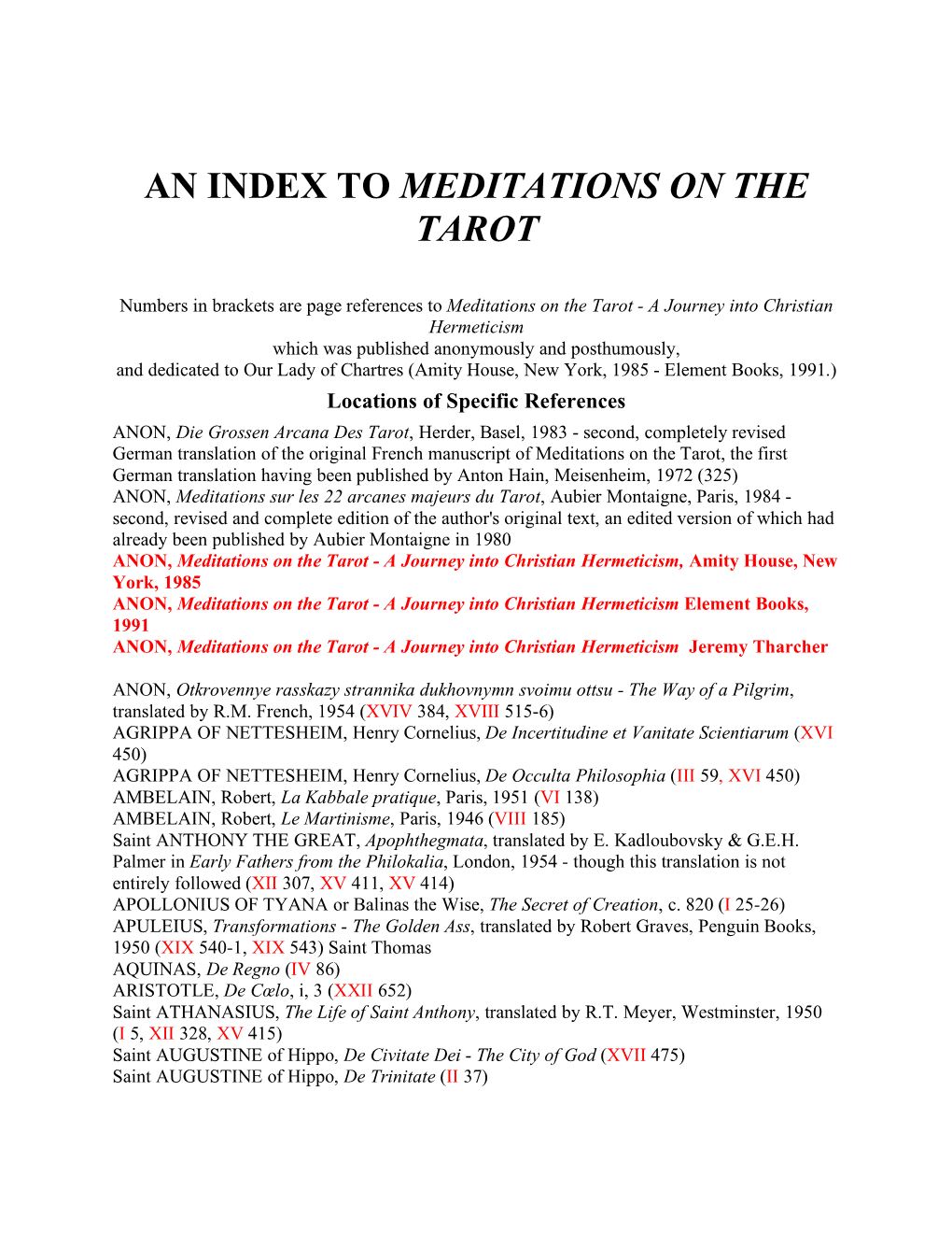 An Index to Meditations on the Tarot