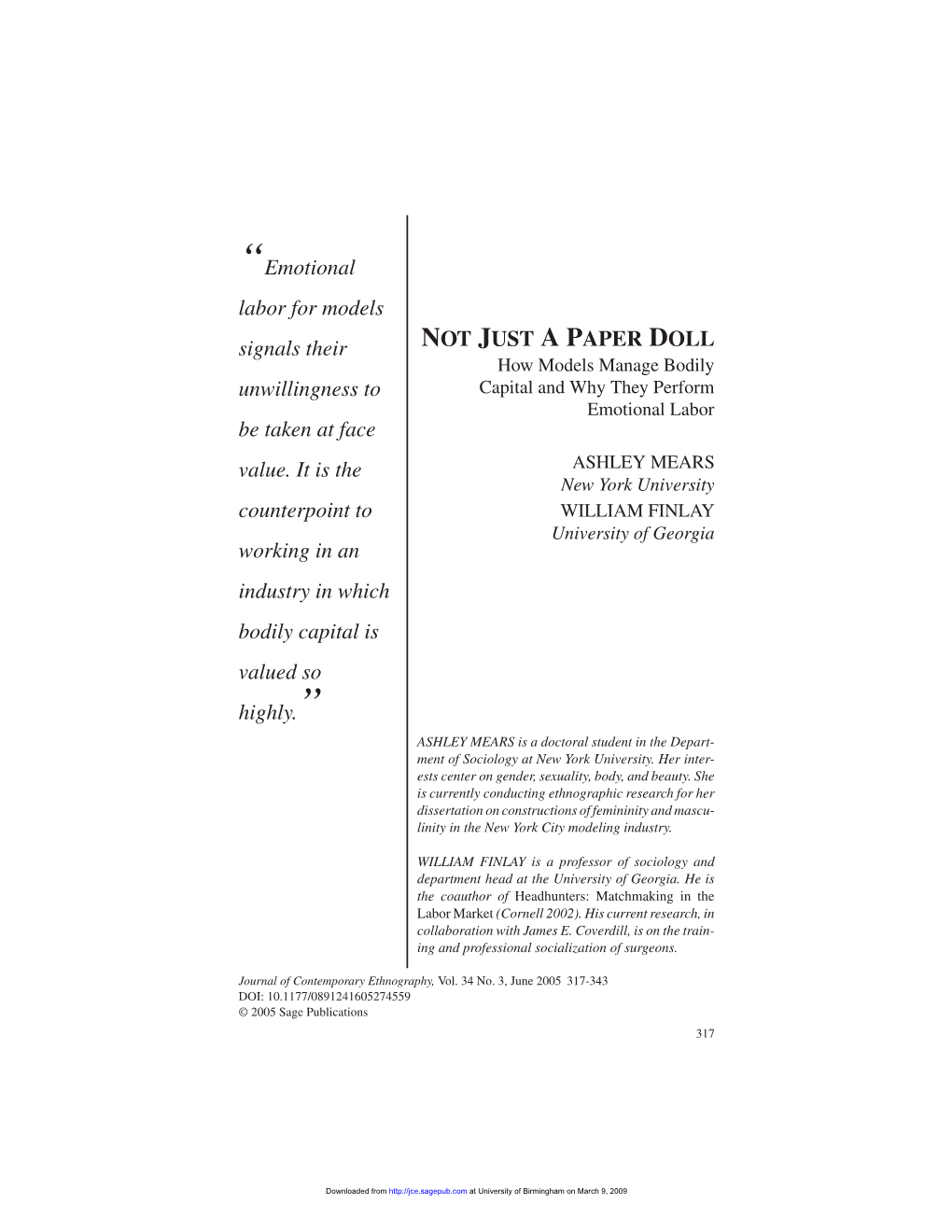NOT JUST a PAPER DOLL How Models Manage Bodily Unwillingness to Capital and Why They Perform Emotional Labor Be Taken at Face Value