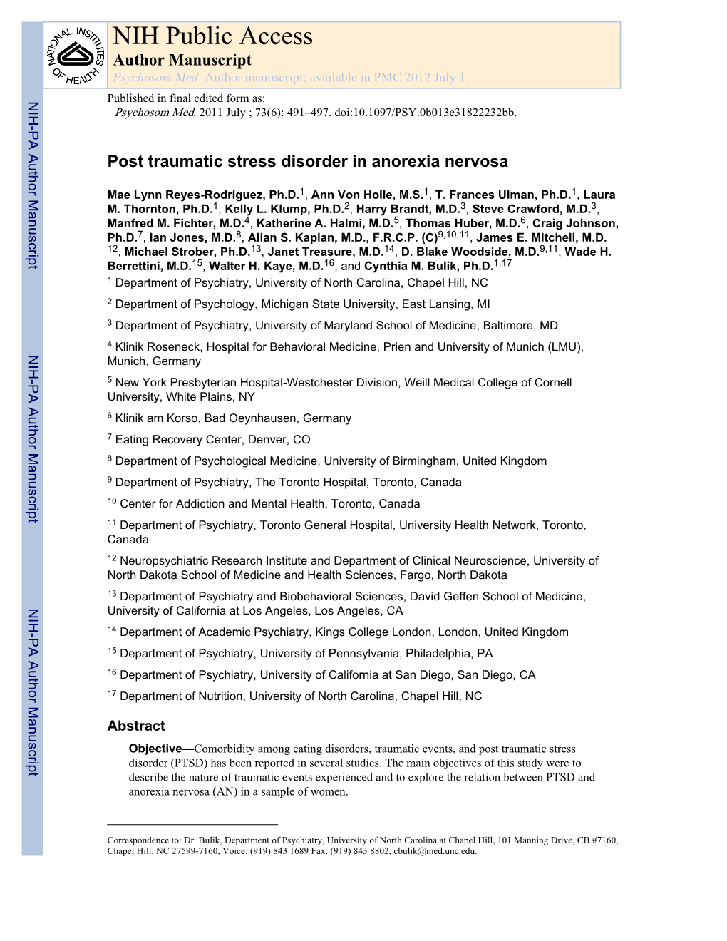 Posttraumatic Stress Disorder in Anorexia Nervosa