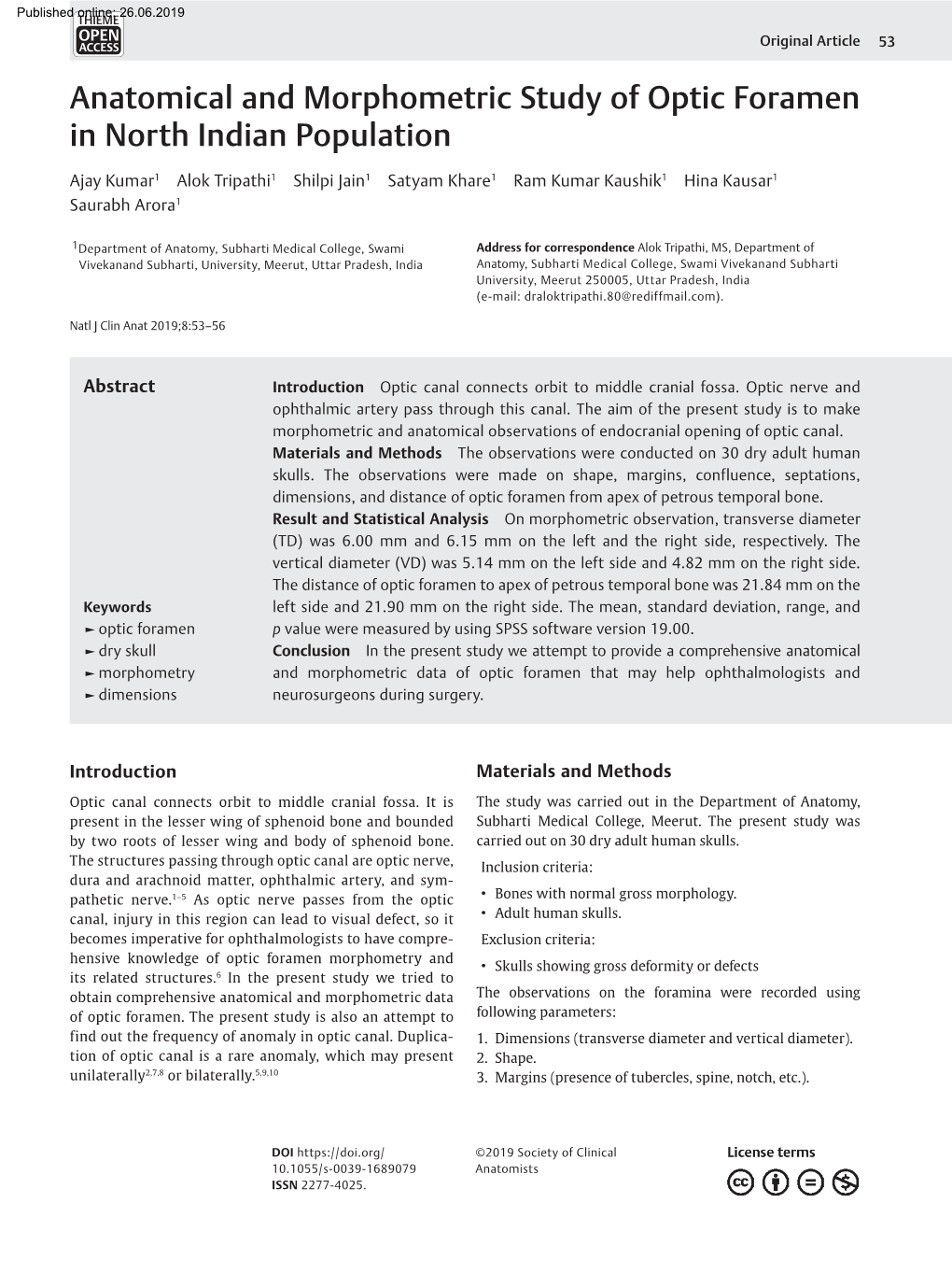 Anatomical and Morphometric Study of Optic Foramen in North Indian Population