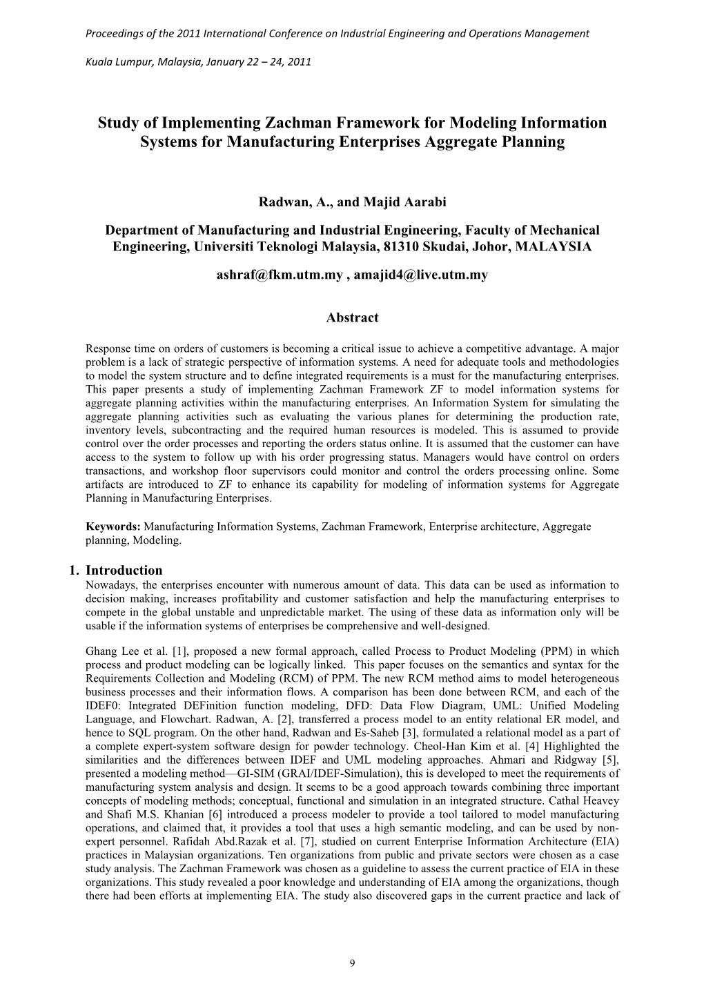 Study of Implementing Zachman Framework for Modeling Information Systems for Manufacturing Enterprises Aggregate Planning