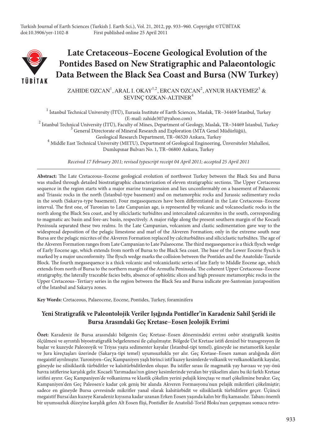 Late Cretaceous–Eocene Geological Evolution of the Pontides Based on New Stratigraphic and Palaeontologic Data Between the Black Sea Coast and Bursa (NW Turkey)