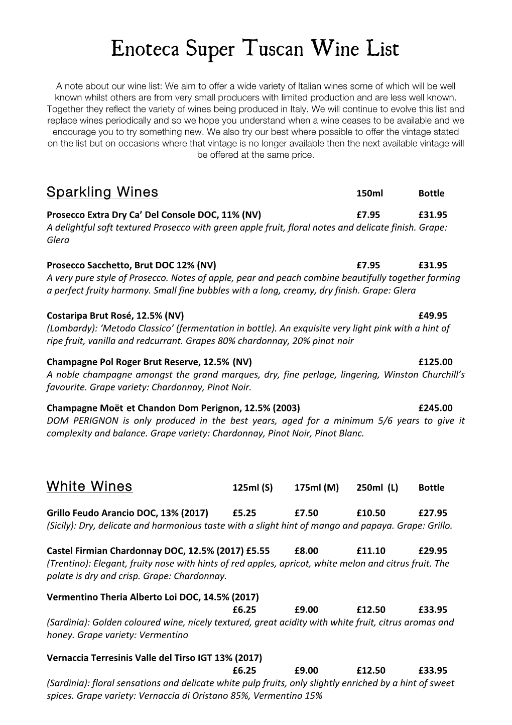 CURRENT FEB 2019 Super Tuscan Wine List