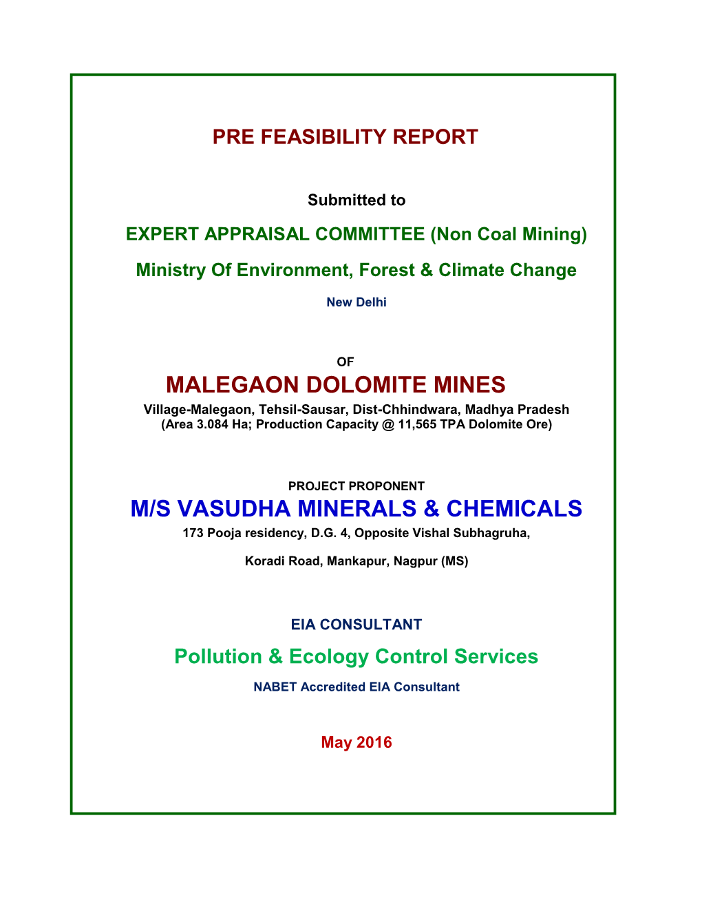 Malegaon Dolomite Mines M/S Vasudha Minerals & Chemicals