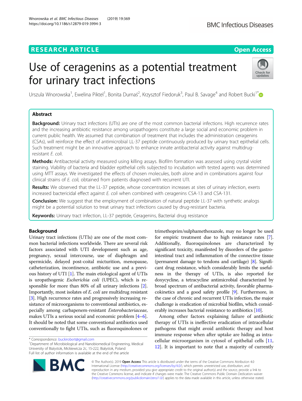 Use of Ceragenins As a Potential Treatment for Urinary Tract Infections Urszula Wnorowska1, Ewelina Piktel1, Bonita Durnaś2, Krzysztof Fiedoruk3, Paul B