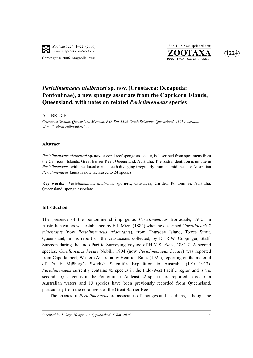 Zootaxa 1224: 1–22 (2006) ISSN 1175-5326 (Print Edition) ZOOTAXA 1224 Copyright © 2006 Magnolia Press ISSN 1175-5334 (Online Edition)