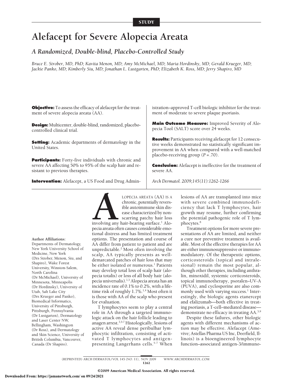 Alefacept for Severe Alopecia Areata a Randomized, Double-Blind, Placebo-Controlled Study