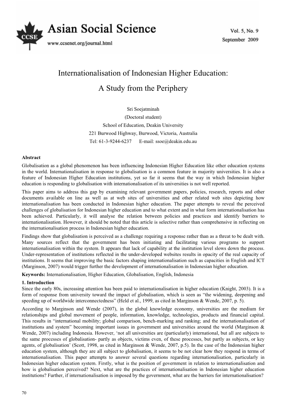 Internationalisation of Indonesian Higher Education: a Study from the Periphery