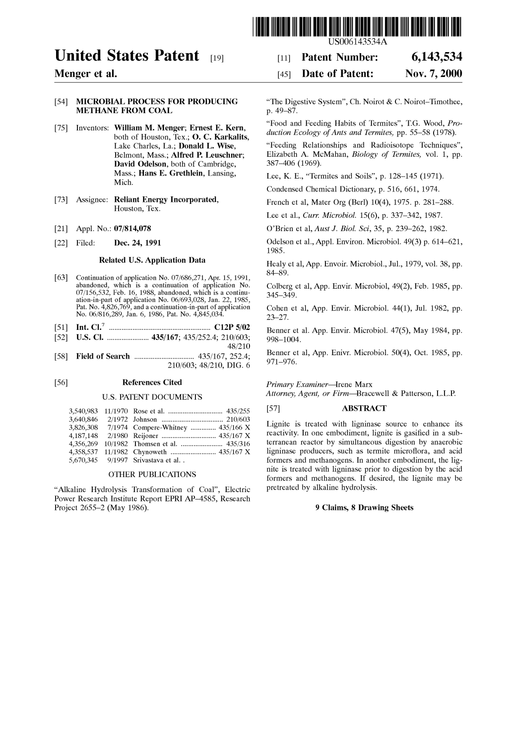 United States Patent (19) 11 Patent Number: 6,143,534 Menger Et Al