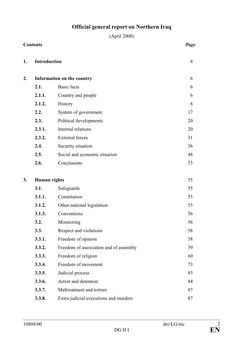 Official General Report on Northern Iraq (April 2000) Contents Page