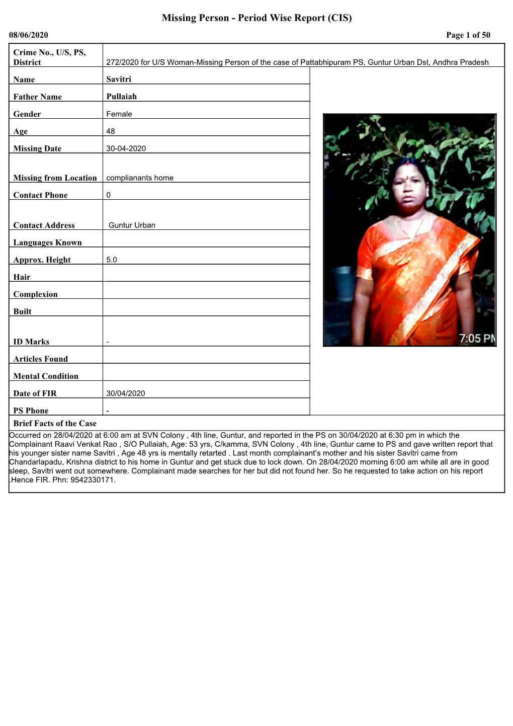Missing Person - Period Wise Report (CIS) 08/06/2020 Page 1 of 50