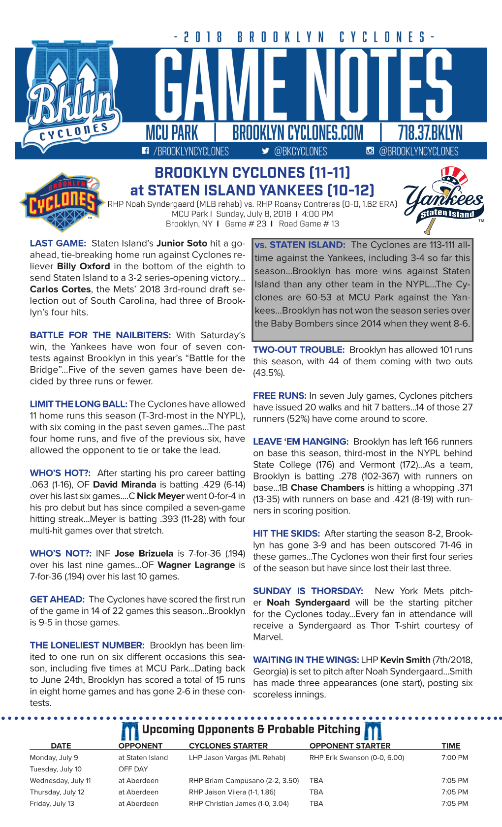 BROOKLYN CYCLONES (11-11) at STATEN ISLAND YANKEES (10-12) RHP Noah Syndergaard (MLB Rehab) Vs