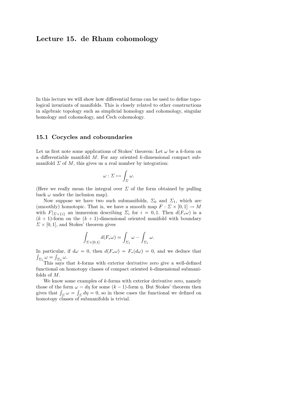 Lecture 15. De Rham Cohomology