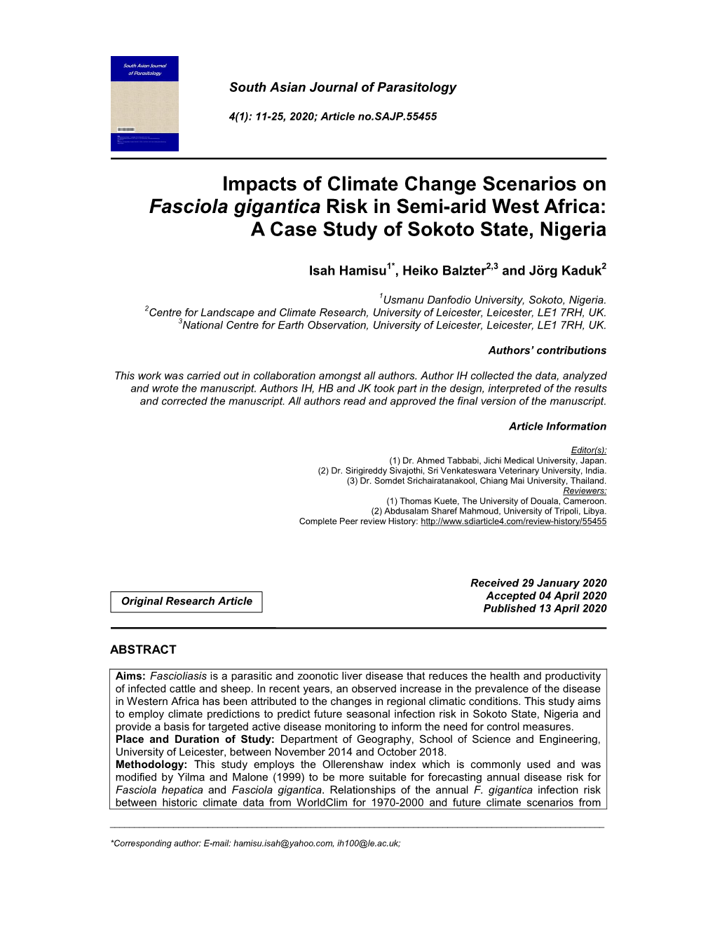 Impacts of Climate Change Scenarios on Fasciola Gigantica Risk in Semi-Arid West Africa: a Case Study of Sokoto State, Nigeria