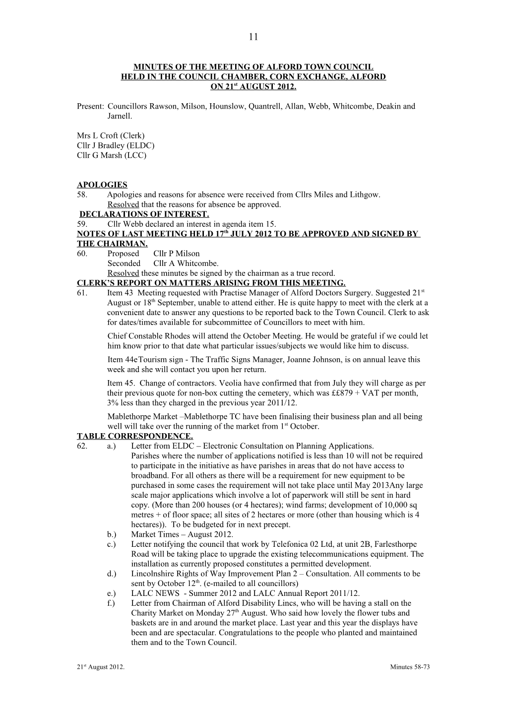 Minutes Of The Meeting Of Alford Town Council