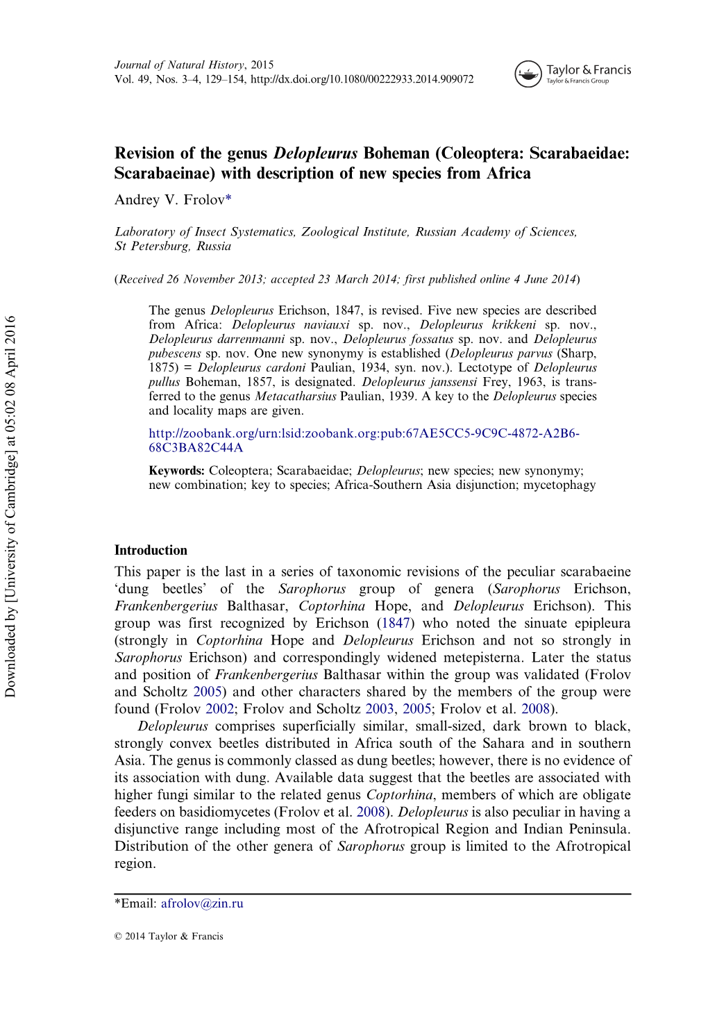 Revision of the Genus Delopleurus Boheman (Coleoptera: Scarabaeidae: Scarabaeinae) with Description of New Species from Africa Andrey V