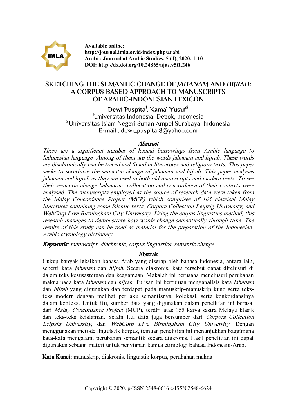 Sketching the Semantic Change of Jahanam and Hijrah: a Corpus Based Approach to Manuscripts of Arabic-Indonesian Lexicon