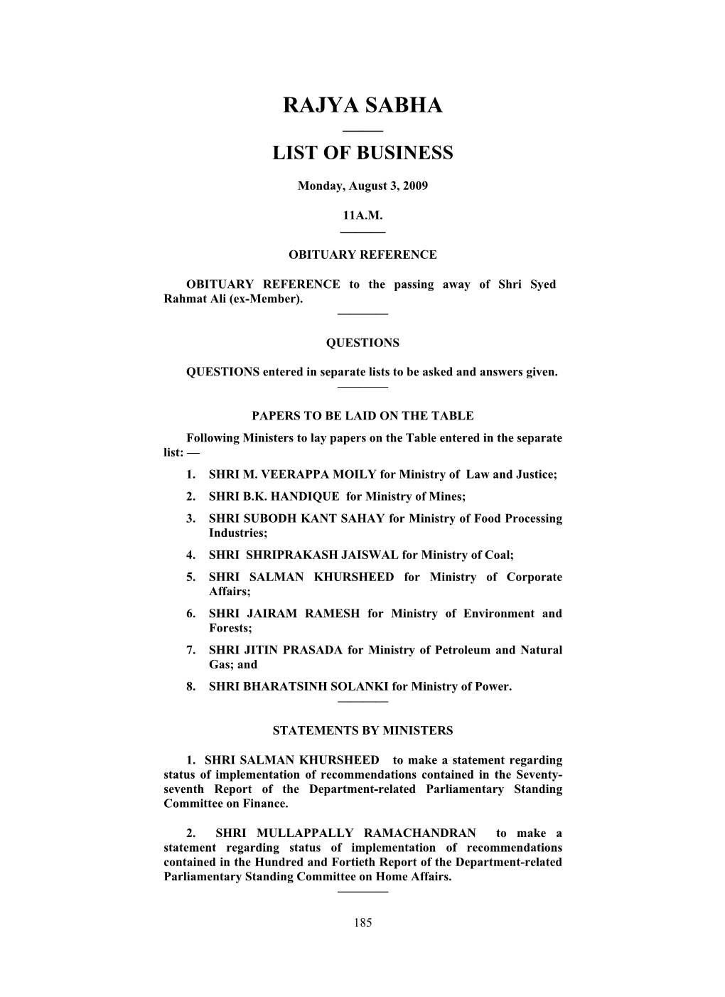 Rajya Sabha —— List of Business