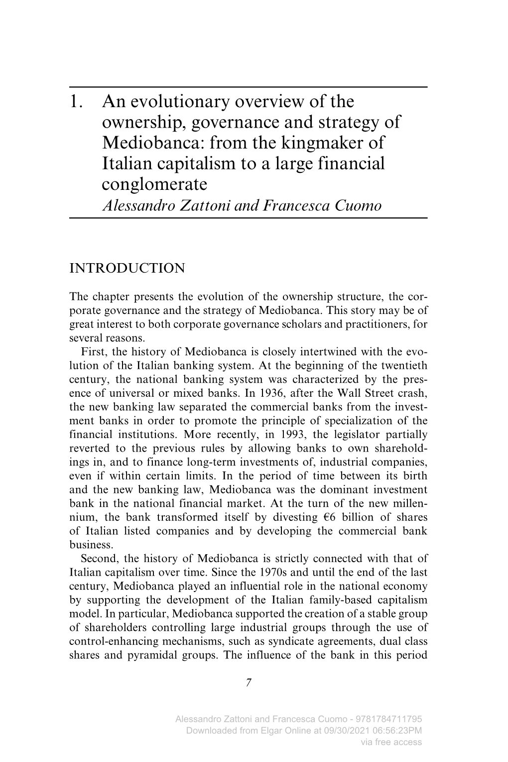 1. an Evolutionary Overview of the Ownership, Governance and Strategy of Mediobanca