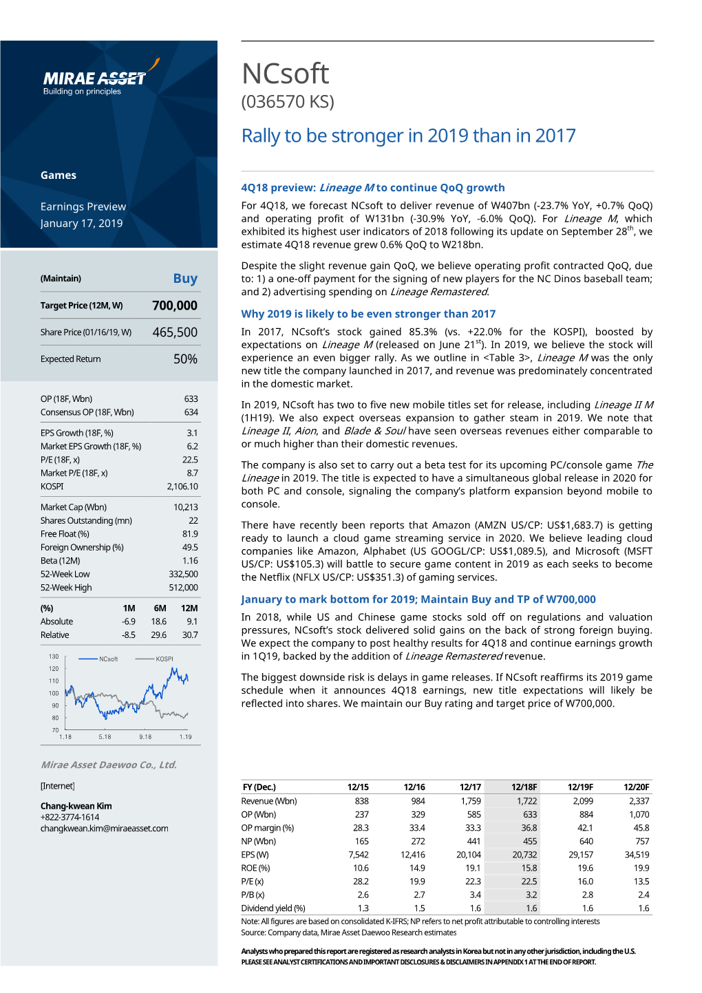 Ncsoft (036570 KS ) Rally to Be Stronger in 2019 Than in 2017