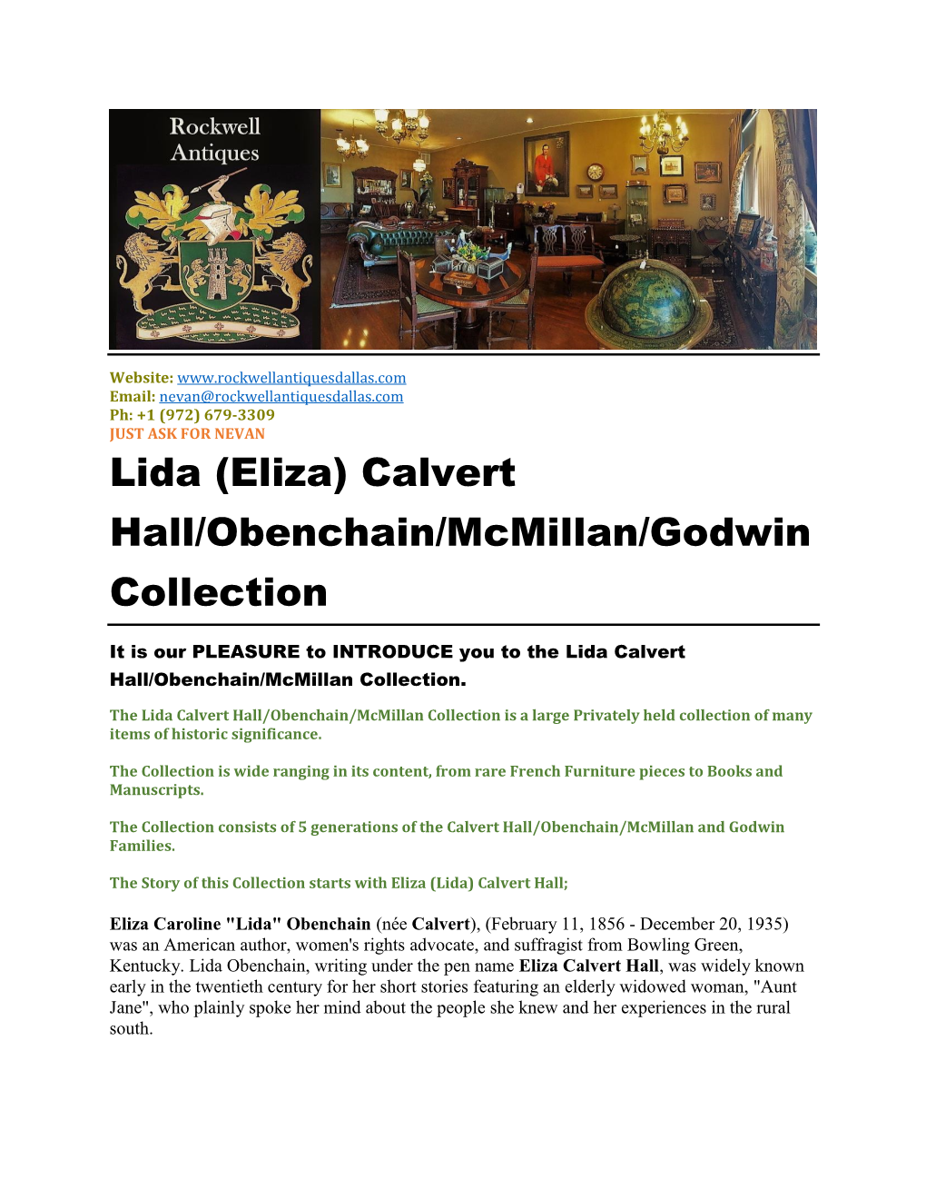 Lida (Eliza) Calvert Hall/Obenchain/Mcmillan/Godwin Collection