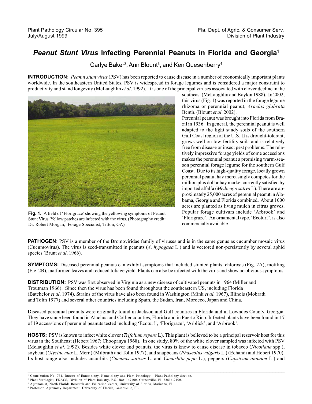 Peanut Stunt Virus Infecting Perennial Peanuts in Florida and Georgia1 Carlye Baker2, Ann Blount3, and Ken Quesenberry4