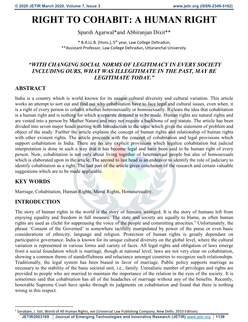 RIGHT to COHABIT: a HUMAN RIGHT Sparsh Agarwal*And Abhiranjan Dixit**